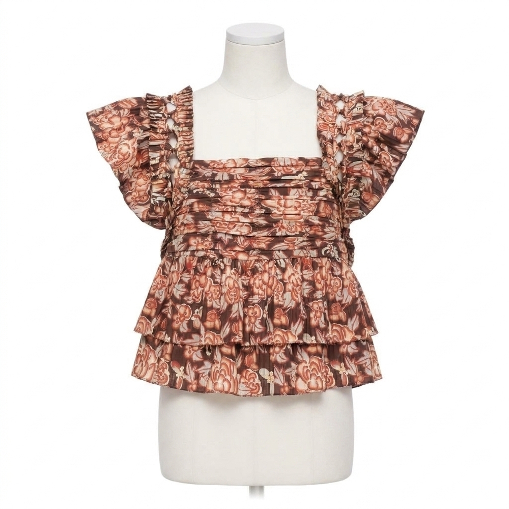 NEW SEA emelia print flutter sleeve top in brown